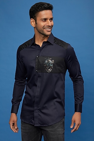 Blue Cotton Embroidered Shirt by Aces by Arjun Agarwal