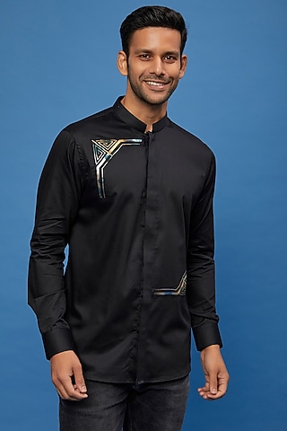 Black Cotton Embroidered Shirt by Aces by Arjun Agarwal
