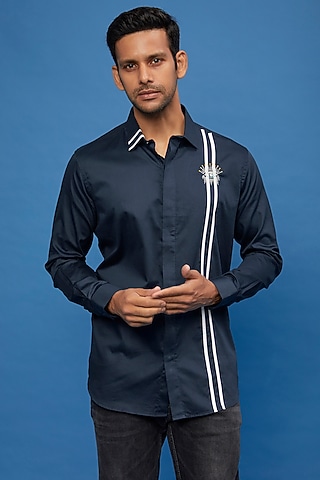 Blue Cotton Embroidered Shirt by Aces by Arjun Agarwal