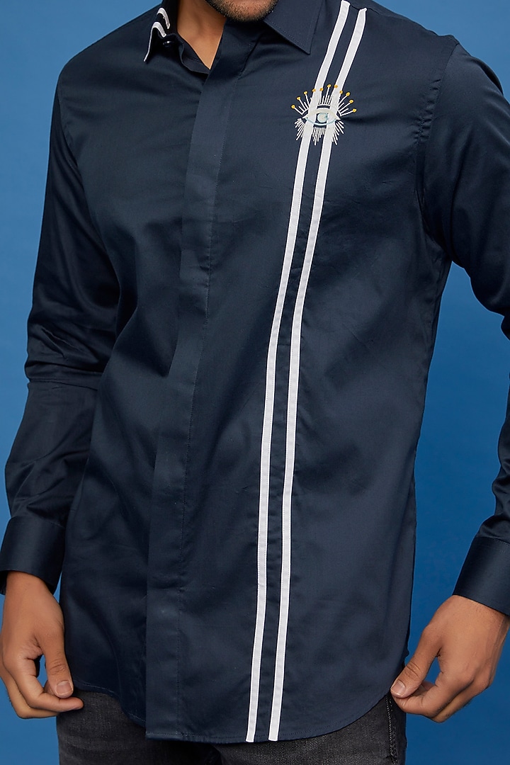Blue Cotton Embroidered Party Wear Shirt by Aces by Arjun Agarwal at Pernia's Pop Up Shop