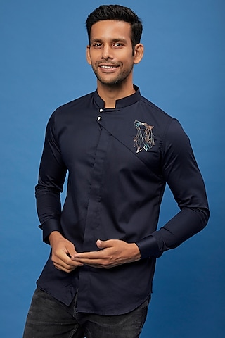 Blue Cotton Embroidered Shirt by Aces by Arjun Agarwal