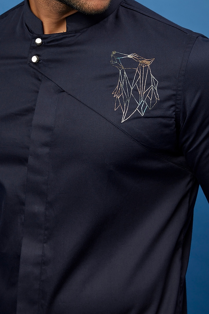 Blue Cotton Embroidered Party Wear Shirt by Aces by Arjun Agarwal at Pernia's Pop Up Shop