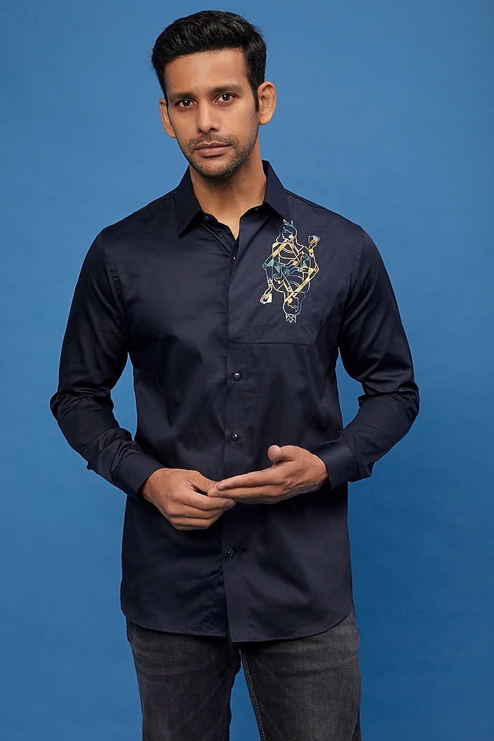 Blue Cotton Embroidered Shirt by Aces by Arjun Agarwal