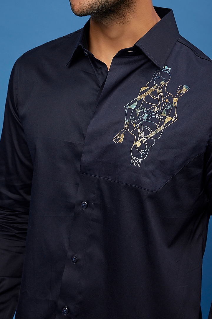 Blue Cotton Embroidered Party Wear Shirt by Aces by Arjun Agarwal at Pernia's Pop Up Shop