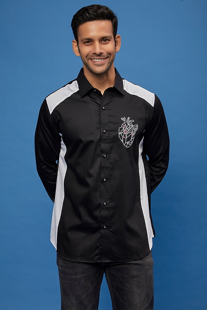 Black Cotton Embroidered Shirt by Aces by Arjun Agarwal