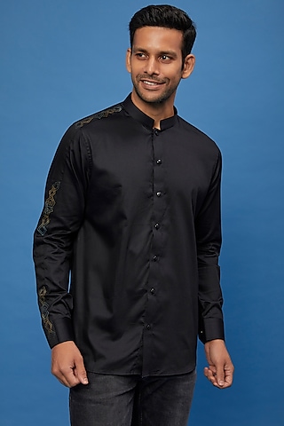 Black Cotton Embroidered Shirt by Aces by Arjun Agarwal