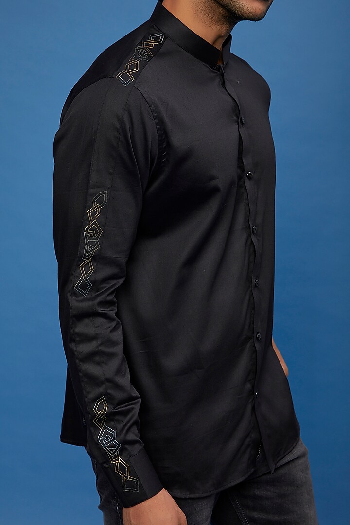 Black Cotton Embroidered Party Wear Shirt by Aces by Arjun Agarwal at Pernia's Pop Up Shop