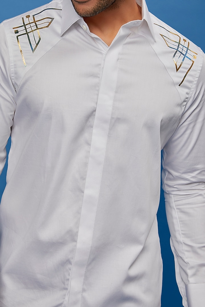 White Cotton Embroidered Party Wear Shirt by Aces by Arjun Agarwal at Pernia's Pop Up Shop