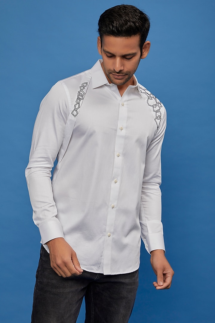 White Cotton Embroidered Shirt by Aces by Arjun Agarwal