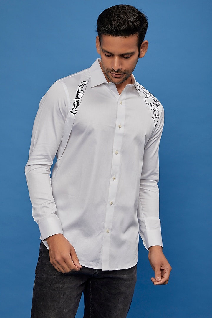 White Cotton Embroidered Shirt by Aces by Arjun Agarwal at Pernia's Pop Up Shop