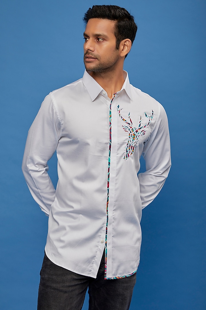 White Cotton Embroidered Shirt by Aces by Arjun Agarwal