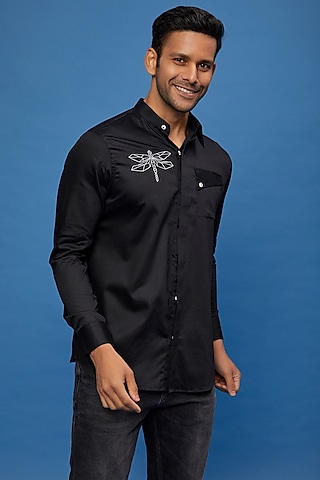 Black Cotton Embroidered Shirt by Aces by Arjun Agarwal