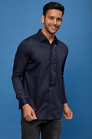 Blue Cotton Embroidered Shirt by Aces by Arjun Agarwal