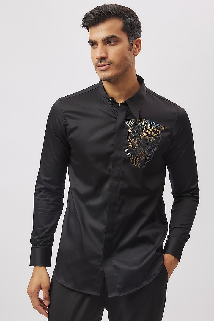 Black Cotton Embroidered Shirt by Aces by Arjun Agarwal at Pernia's Pop Up Shop