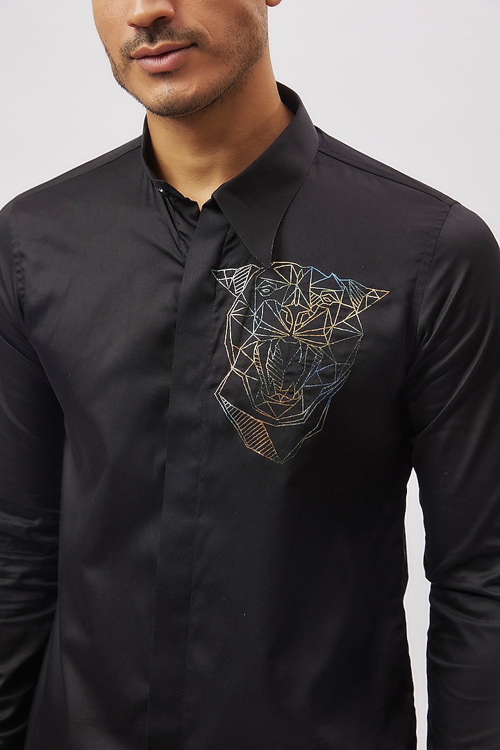 Black Cotton Embroidered Party Wear Shirt by Aces by Arjun Agarwal at Pernia's Pop Up Shop