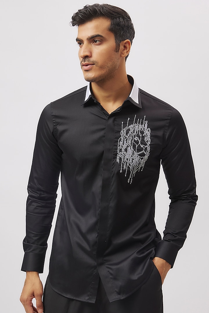 Black Cotton Embroidered Shirt by Aces by Arjun Agarwal at Pernia's Pop Up Shop