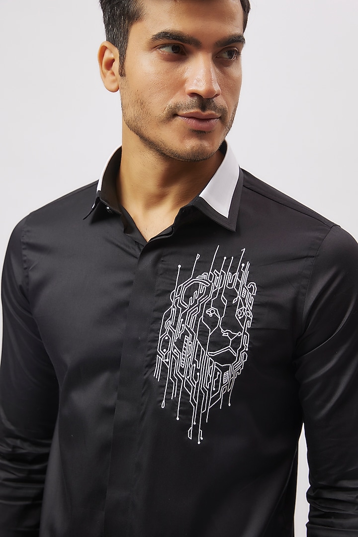 Black Cotton Embroidered Party Wear Shirt by Aces by Arjun Agarwal at Pernia's Pop Up Shop