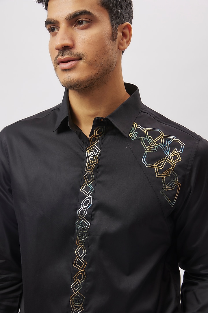 Black Cotton Embroidered Party Wear Shirt by Aces by Arjun Agarwal at Pernia's Pop Up Shop