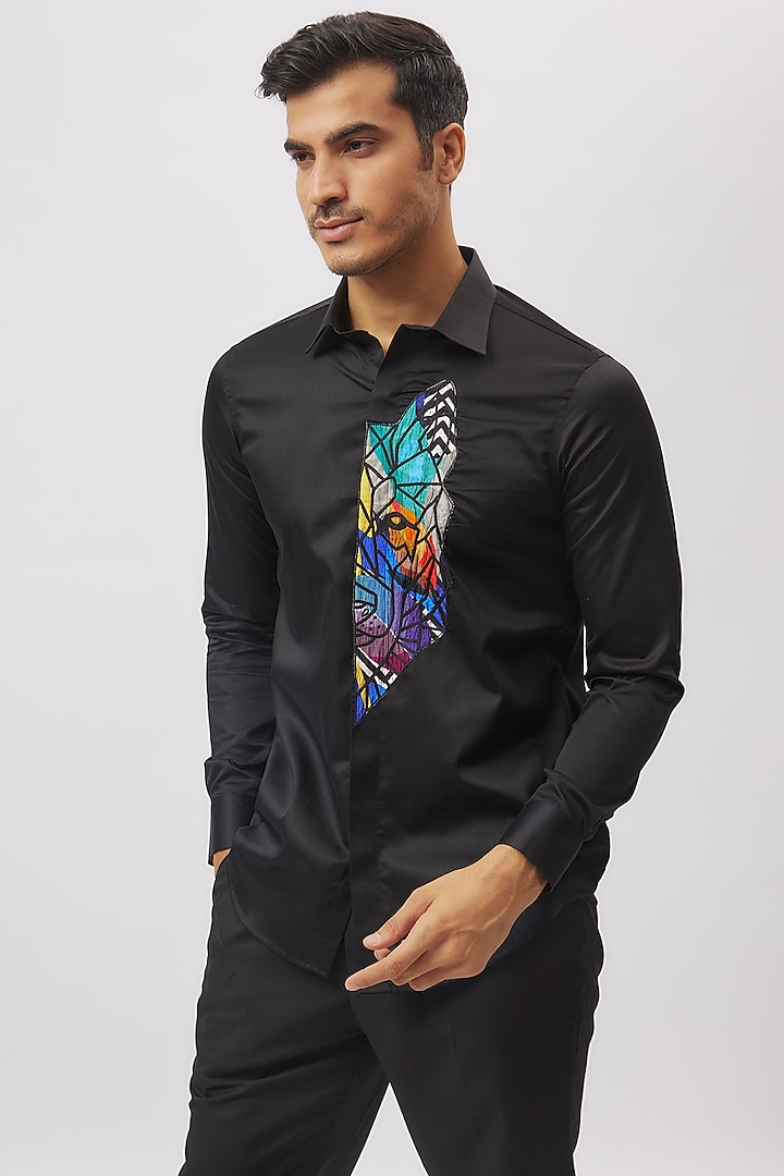 Black Cotton Embroidered Shirt by Aces by Arjun Agarwal