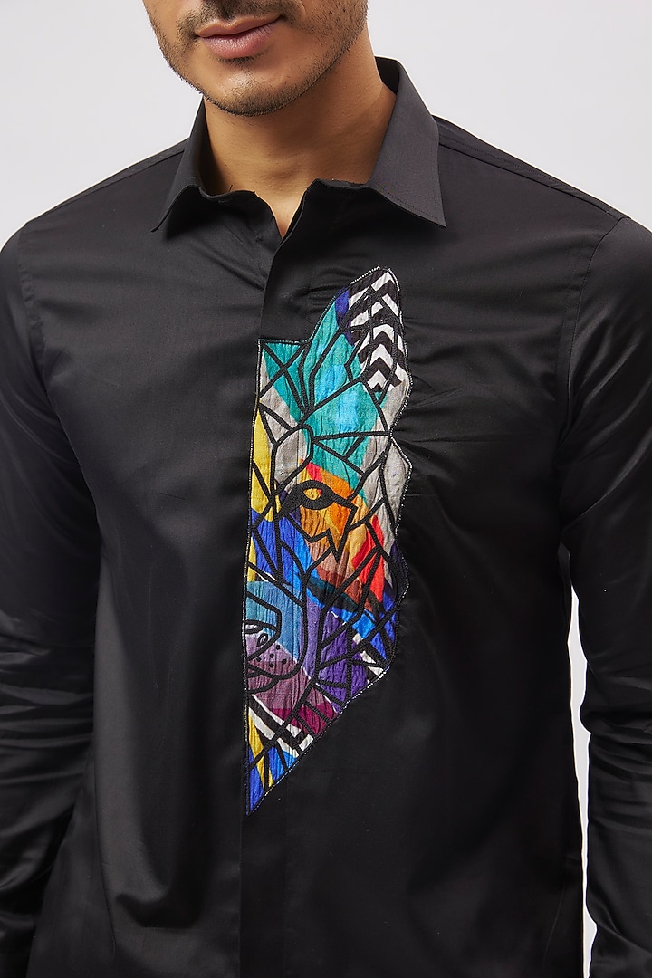Black Cotton Embroidered Party Wear Shirt by Aces by Arjun Agarwal at Pernia's Pop Up Shop