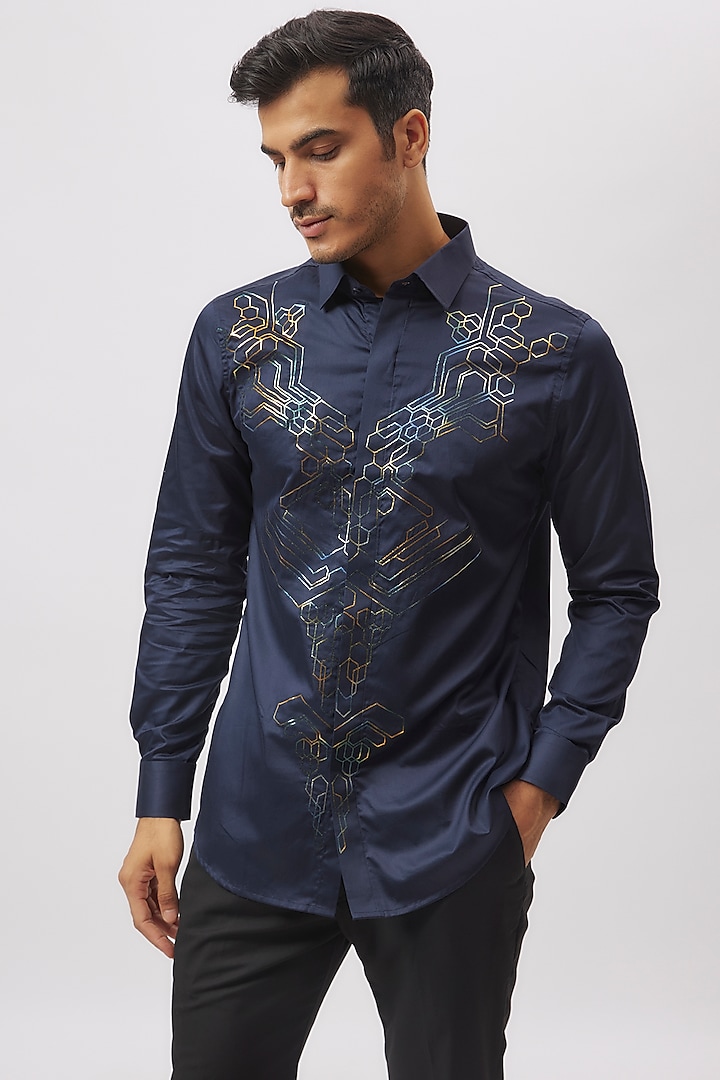 Navy Blue Cotton Embroidered Shirt by Aces by Arjun Agarwal