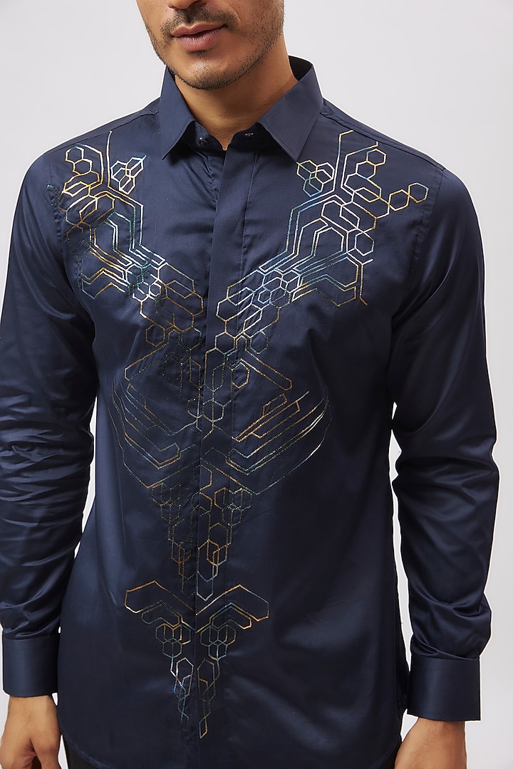 Navy Blue Cotton Embroidered Party Wear Shirt by Aces by Arjun Agarwal at Pernia's Pop Up Shop