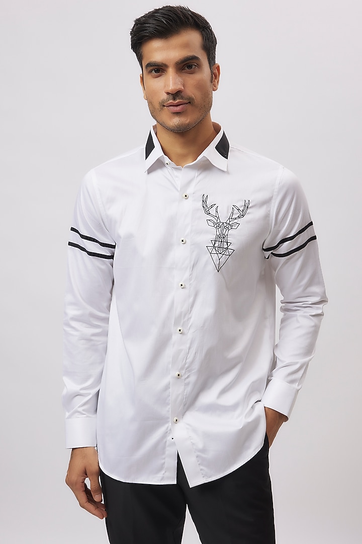 White Cotton Embroidered Shirt by Aces by Arjun Agarwal