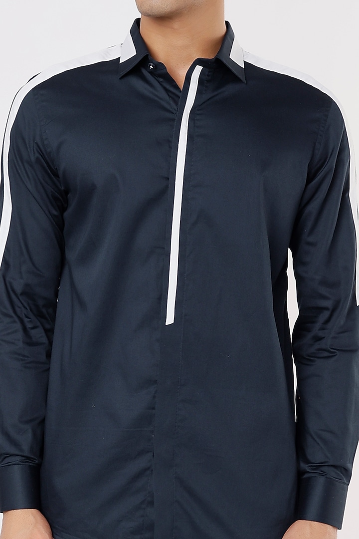 Blue Cotton Party Wear Shirt With Panel Detailing by Aces by Arjun Agarwal at Pernia's Pop Up Shop