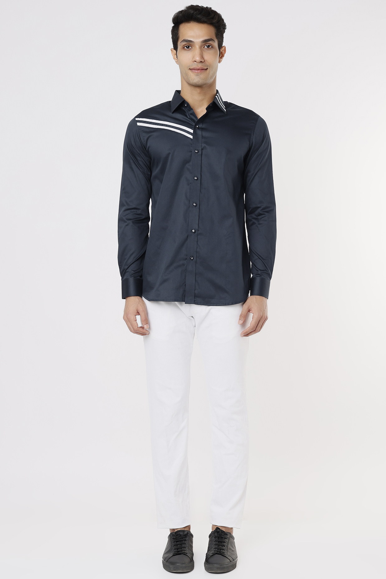 Blue Cotton Shirt With White Detailing by Aces by Arjun Agarwal