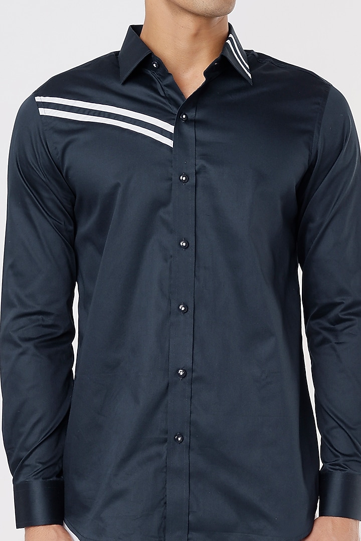 Blue Cotton Party Wear Shirt With White Detailing by Aces by Arjun Agarwal at Pernia's Pop Up Shop