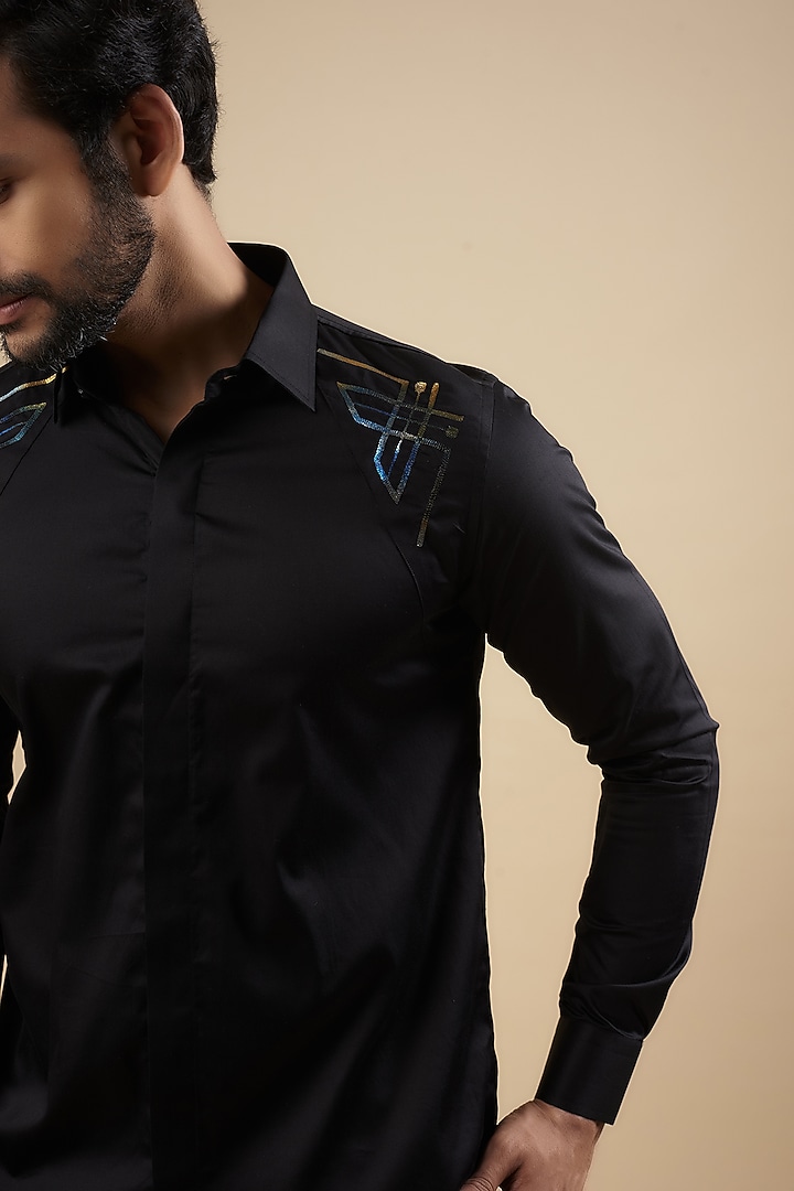 Black Cotton Thread Embroidered Party Wear Shirt by Aces by Arjun Agarwal at Pernia's Pop Up Shop