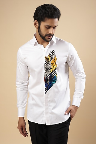 White Cotton Thread Embroidered Shirt by Aces by Arjun Agarwal