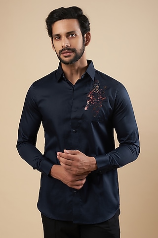 Blue Cotton Thread Embroidered Shirt by Aces by Arjun Agarwal
