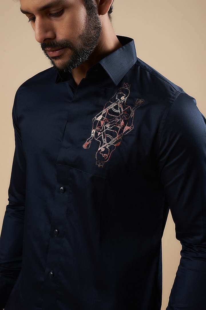 Blue Cotton Thread Embroidered Party Wear Shirt by Aces by Arjun Agarwal at Pernia's Pop Up Shop