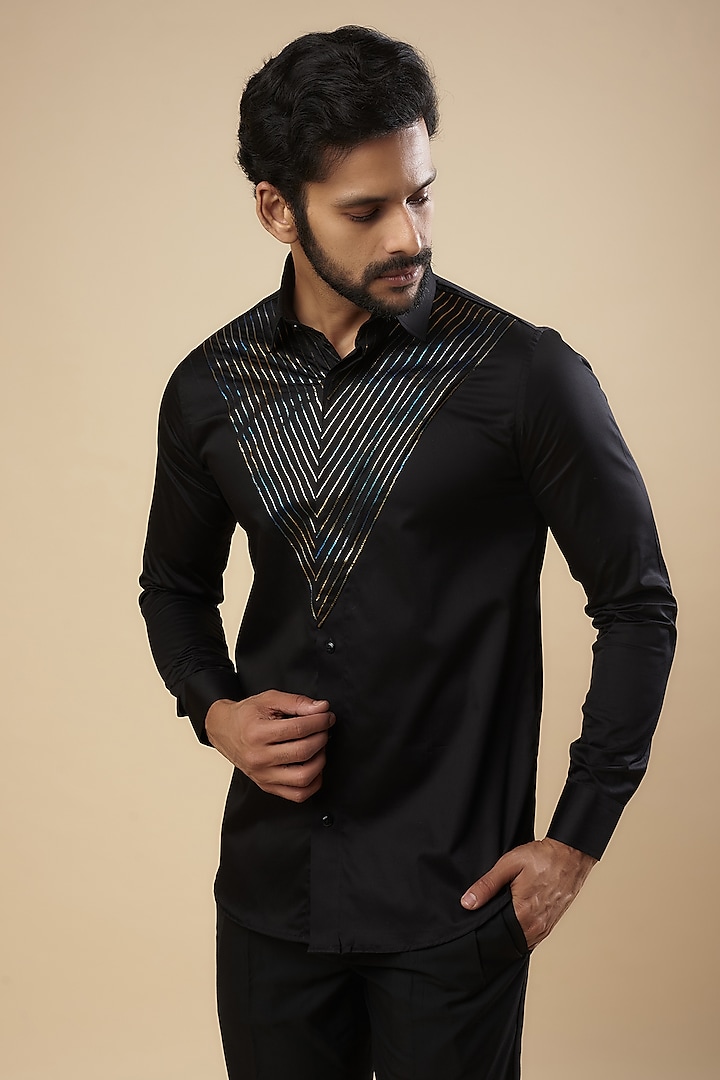 Black Cotton Thread Embroidered Shirt by Aces by Arjun Agarwal