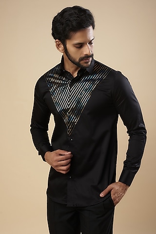 Black Cotton Thread Embroidered Shirt by Aces by Arjun Agarwal