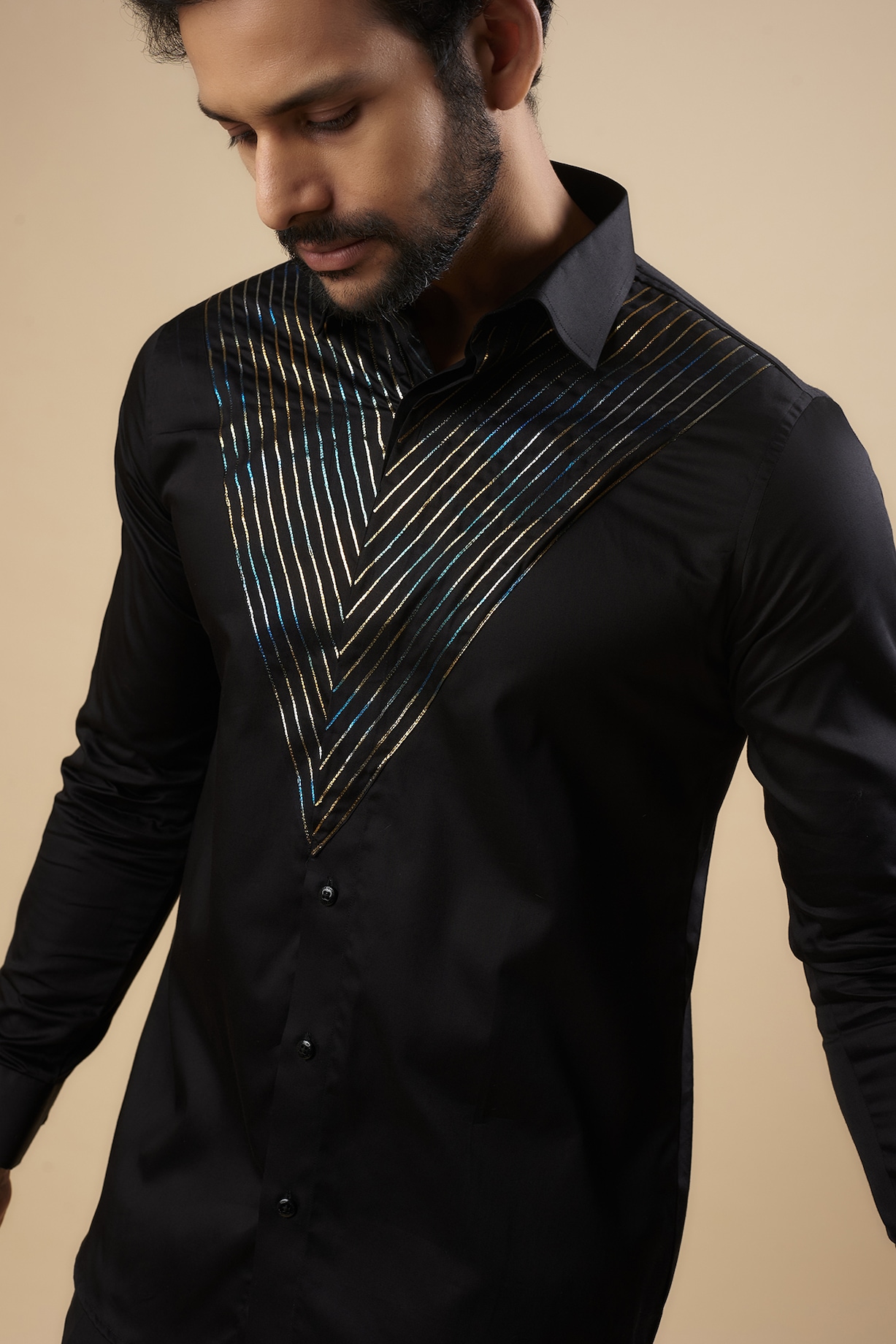 Black Cotton Thread Embroidered Shirt by Aces by Arjun Agarwal