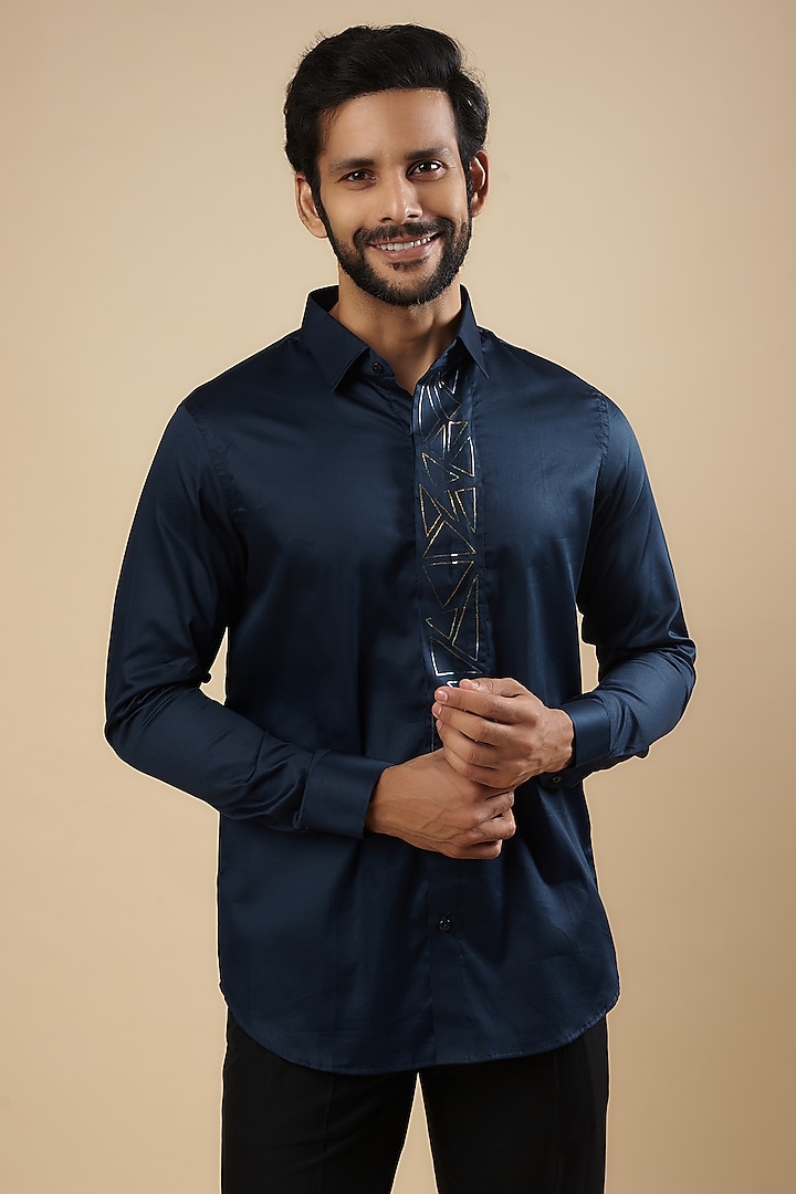 Blue Cotton Thread Embroidered Shirt by Aces by Arjun Agarwal