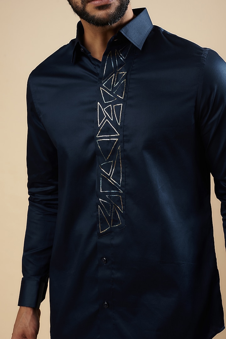 Blue Cotton Thread Embroidered Party Wear Shirt by Aces by Arjun Agarwal at Pernia's Pop Up Shop