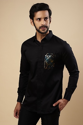Black Cotton Thread Embroidered Shirt by Aces by Arjun Agarwal