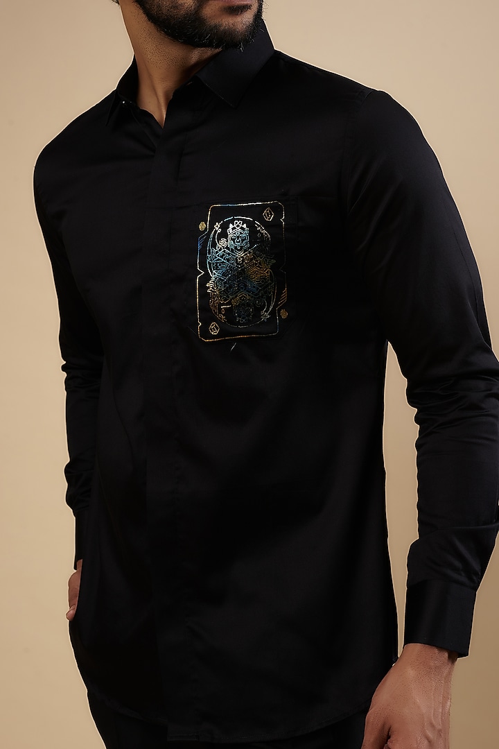 Black Cotton Thread Embroidered Party Wear Shirt by Aces by Arjun Agarwal at Pernia's Pop Up Shop