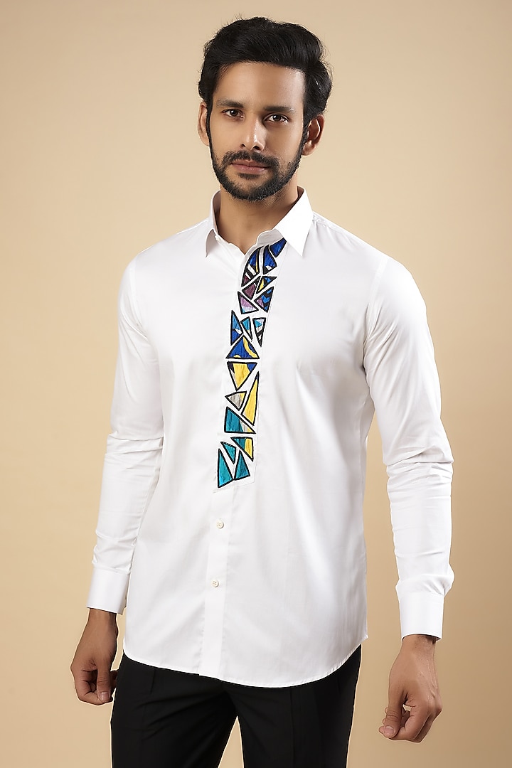 White Cotton Thread Embroidered Shirt by Aces by Arjun Agarwal