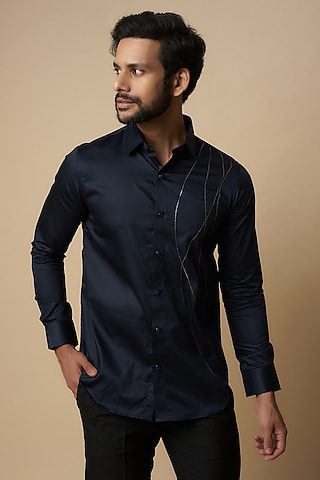 Blue Cotton Thread Embroidered Shirt by Aces by Arjun Agarwal