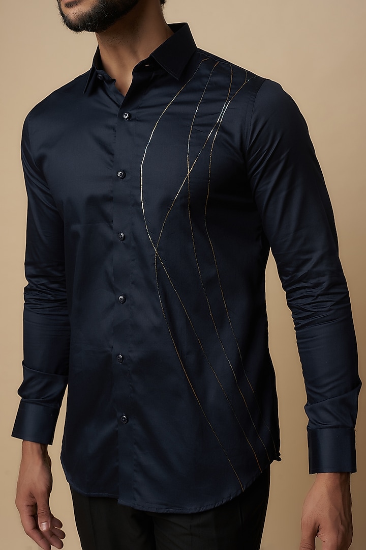 Blue Cotton Thread Embroidered Party Wear Shirt by Aces by Arjun Agarwal at Pernia's Pop Up Shop
