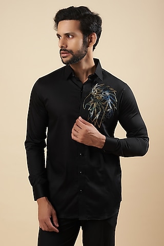 Black Cotton Thread Embroidered Shirt by Aces by Arjun Agarwal