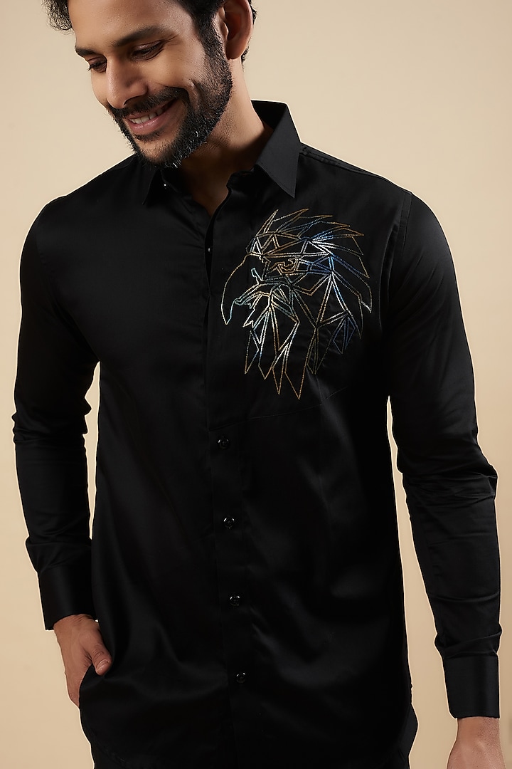 Black Cotton Thread Embroidered Party Wear Shirt by Aces by Arjun Agarwal at Pernia's Pop Up Shop