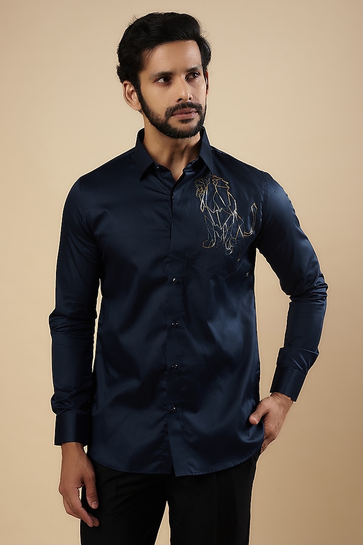 Blue Cotton Thread Embroidered Shirt by Aces by Arjun Agarwal