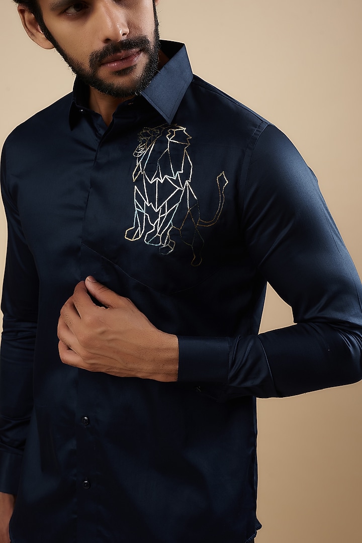 Blue Cotton Thread Embroidered Party Wear Shirt by Aces by Arjun Agarwal at Pernia's Pop Up Shop