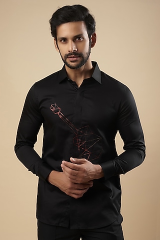 Black Cotton Thread Embroidered Shirt by Aces by Arjun Agarwal