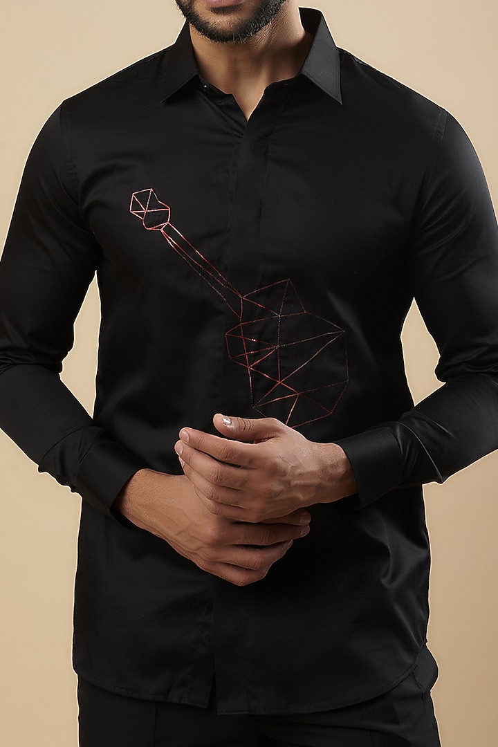 Black Cotton Thread Embroidered Party Wear Shirt by Aces by Arjun Agarwal at Pernia's Pop Up Shop